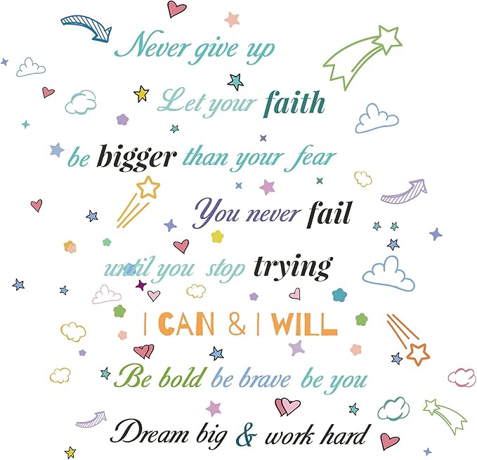 CREATCABIN 4pcs Vinyl Wall Decals Inspirational Quotes Wall Stickers Self-Adhesive Peel and Stick Watercolor Mural Decoration for Bedroom Living Room Kitchen Wardrobe Door Playroom Classroom