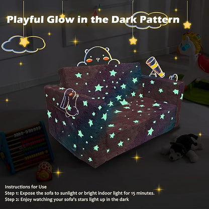 Kids Sofa, Glow in The Dark Toddler Chairs Children's Extra Wide Convertible Sofa to Lounger - Extra Soft 2 Seats 2 in 1 Flip Open Chair & Sleeper, Toddler Couch, Kids Sofa Bed