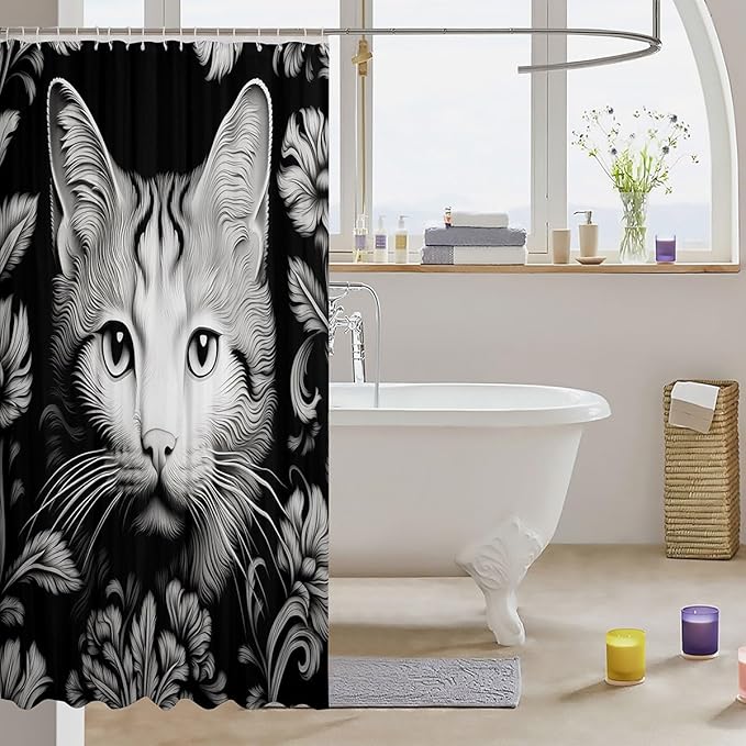 Feelyou Cute Cat Shower Curtain Kids Black White Cat Fabric Shower Curtain 3D Print Bathroom Waterproof Accessories with 12 Hooks for Women Men Flower Pattern Curtains,72x84 Inches