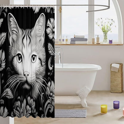 Feelyou Cute Cat Shower Curtain Kids Black White Cat Fabric Shower Curtain 3D Print Bathroom Waterproof Accessories with 12 Hooks for Women Men Flower Pattern Curtains,72x84 Inches