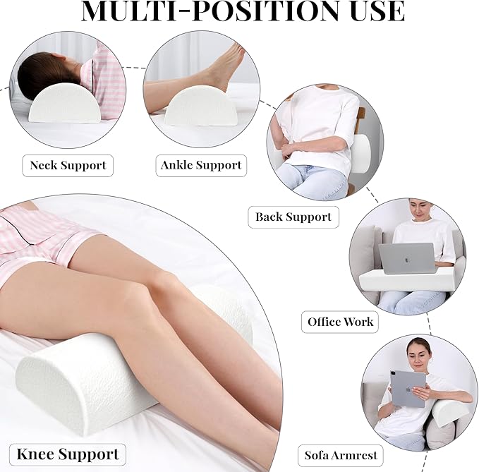 Large Knee Pillow for Side Sleepers Memory Foam Leg Pillows for Sleeping Yoga Bed Half Moon Bolster Pillow for Neck Pain Relief with Pillowcase 23.6"x8.7"x5"(Air Layer White, Extended Size)