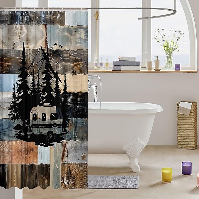 Feelyou Camper Bath Curtain Camping Bathroom Shower Curtain Set for Kids Toddler Boys Girls Happy Camping Shower Curtain Camping Car Kids Bathroom Accessories 72"x84"