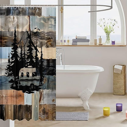 Feelyou Camper Bath Curtain Camping Bathroom Shower Curtain Set for Kids Toddler Boys Girls Happy Camping Shower Curtain Camping Car Kids Bathroom Accessories 72"x84"