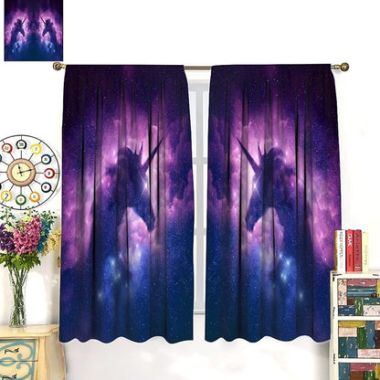 Unicorn Curtains Children's Cartoon Starry Sky Theme Unicorn Pattern Curtains Star Galaxy Boys Girls Room Blackout Curtains 84x84 Inch 2 Panels