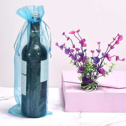 uxcell Organza Wine Bags, 12PCS 14.5 x 5.5 In Light Blue Sheer Mesh Organza Wine Wrapping Bags With Drawstring Wine Gift Pouches for Bottle Birthday, Wedding Party