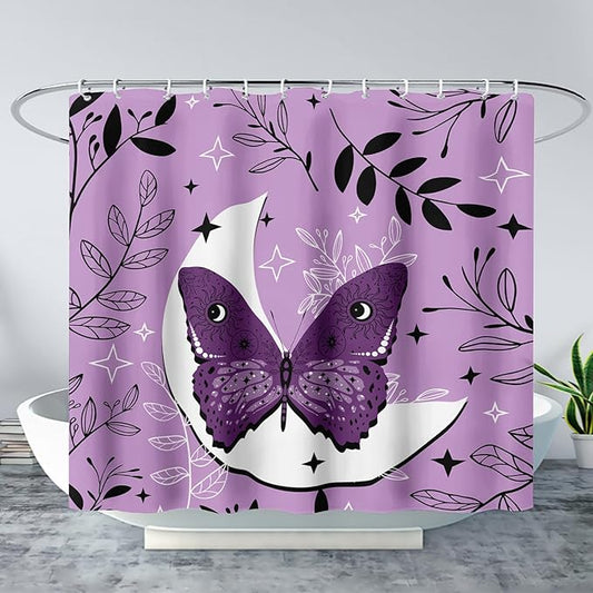 AILONEN Butterfly Shower Curtain for Bathroom Sun and Moon Purple Boho Bath Curtain 72" W*78" H Polyester Fabric Waterproof Bathroom Curtain with 12 Hooks