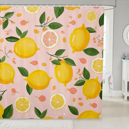 Feelyou Lemon Shower Curtain Kids Cartoon Lemon Fabric Shower Curtain Citrus Bathroom Waterproof Accessories with 12 Hooks for Women Men Yellow Pink Curtains,72x72 Inches