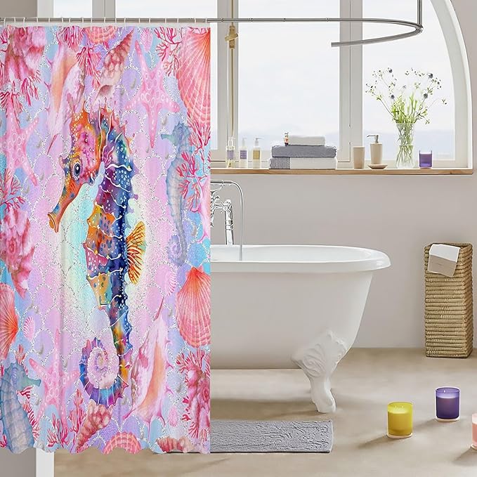 Feelyou Colorful Seahorse Shower Curtain Ocean Themed Fabric Shower Curtain for Kids Shells and Corals Bathroom Waterproof Accessories with 12 Hooks Pink and Blue Ombre Curtains,72X84 Inches