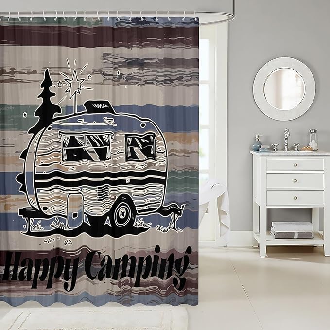 Feelyou Camper Shower Curtain Happy Camping Fabric Shower Curtain for Kids Boys Girls Wooden Rustic Bathroom Waterproof Accessories with 12 Hooks Rv Camping Curtains,72x84 Inches