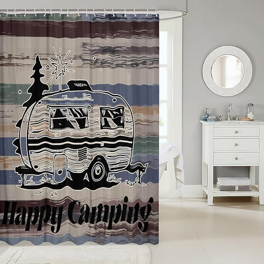 Feelyou Camper Shower Curtain Happy Camping Fabric Shower Curtain for Kids Boys Girls Wooden Rustic Bathroom Waterproof Accessories with 12 Hooks Rv Camping Curtains,72x84 Inches