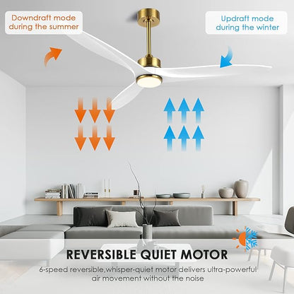 WINGBO 60 Inch DC Ceiling Fan with Lights and Remote Control, 3 Reversible Carved Wood Blades, 6-Speed Noiseless DC Motor, Modern Ceiling Fan in Brass Finish with White Blades