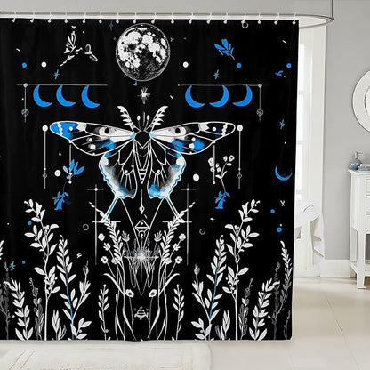 Feelyou Goth Moth Fabric Shower Curtain Bohemian Moth Floral Shower Curtain Kids Boys Girls Moon Bathroom Waterproof Accessories with 12 Hooks Boho Exotic Style Black Blue Decor Curtains,72x72 Inches