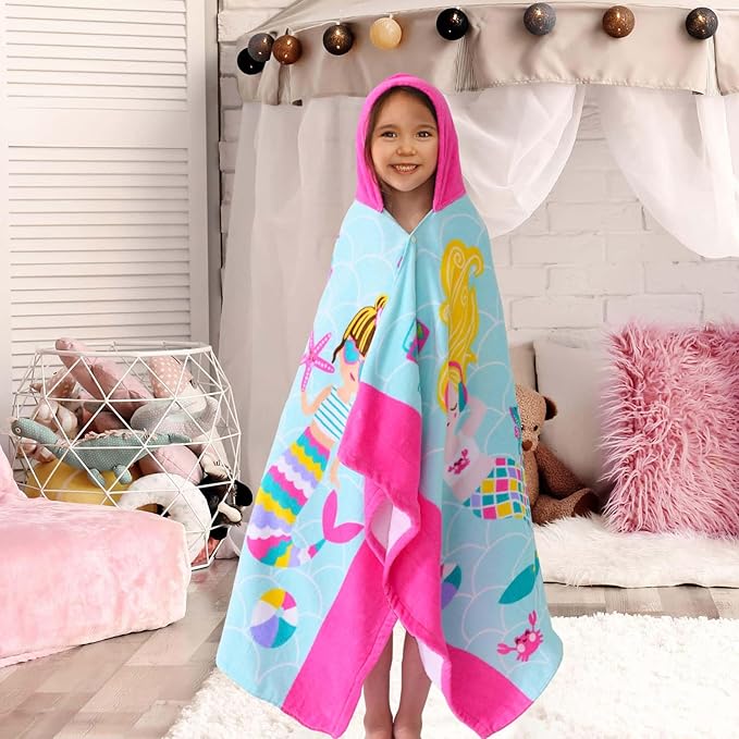 VOOVA & MOVAS Kids Towels Age 3-10, Soft | Thick | Large | 100% Cotton,Absorbent Beach, Bath, Pool Towels Wrap for Girls, Sea Mermaid