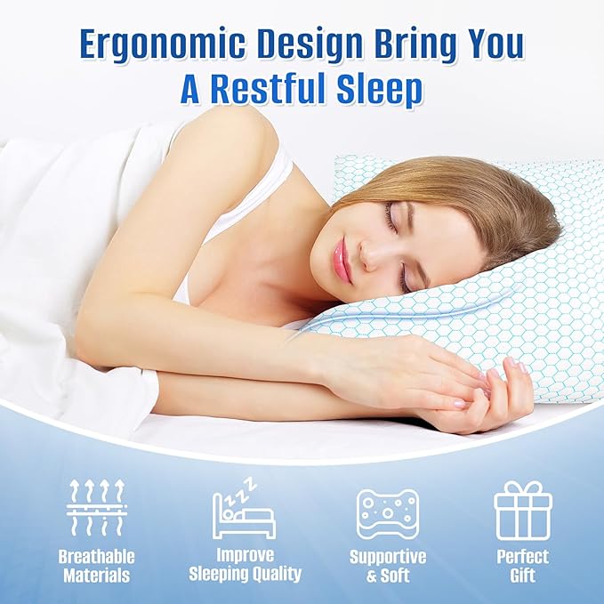 Shredded Memory Foam Pillow for Sleeping, Cooling Bed Pillows Set of 2, Adjustable Pillows for Side, Back, Stomach Sleepers with Washable Pillowcase (King Size, Blue)