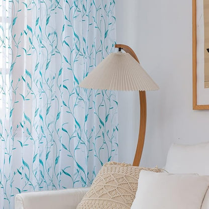 Windows Sheer Curtains Embroider Green Leaf 108 Inches Length 2 Panels Voile Light Filtering Sheer Curtains Panel Basic Rod Pocket for Bedroom Living Room Children Room