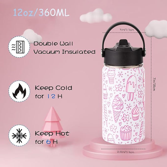 Kids Insulated Water Bottle, 2 Pack 12oz Ice Cream Water Bottles Bulk with Flip Straw & Big Handle, Gifts for Kids Girls to School Travel Sports, Hands Wash Only, Pink & White
