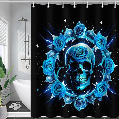 AILONEN Sugar Skull Shower Curtain for Bathroom,Blue Rose Flower Bath Curtain,Romantic Floral Skeleton Decor Bathroom Waterproof Curtain with 12 Plastic Hooks, 48" W*72" H