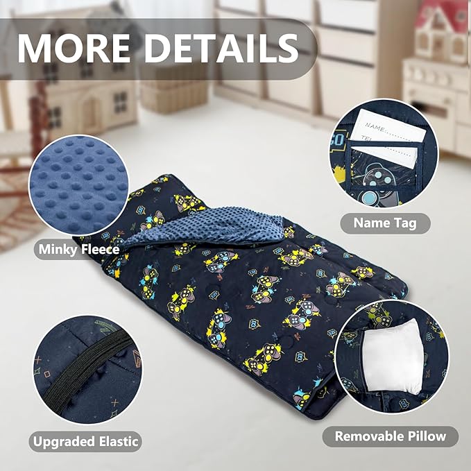 Nap Mat- Toddler Nap Mat with Pillow & Fleece Blanket- 55''*35''*3'' Nap Mat for Toddlers- Nap Mats for Preschool, Daycar