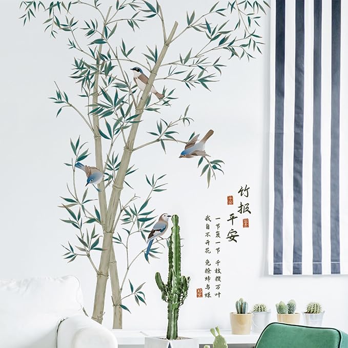 Large Bamboo Wall Stickers, Removable DIY Green Plants Flying Birds Wall Murals Peel and Stick 3D Wall Art Stickers Home Decor for Gilrs Bedroom Nursery Rooms Living Room
