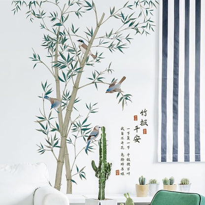 Large Bamboo Wall Stickers, Removable DIY Green Plants Flying Birds Wall Murals Peel and Stick 3D Wall Art Stickers Home Decor for Gilrs Bedroom Nursery Rooms Living Room