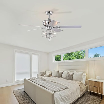 NicBex Ceiling Fan 52 Inch Crystal Ceiling Fan with Lights Ceiling Fans with 5 Blades and Remote Control Ceiling Fan with Lamp Shade for Bedroom, Living Room, Silver