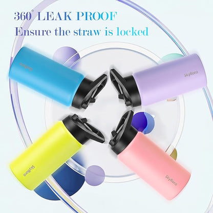 Kids Water Bottle with Straw 2 Pack, 16oz Water Bottles Bulk, Single Wall 18/8 Stainless Steel, Dishwasher Safe & Leakproof, Reusable Gift for Girls Boys to School Sports Travel Camping, Lemon & Pink