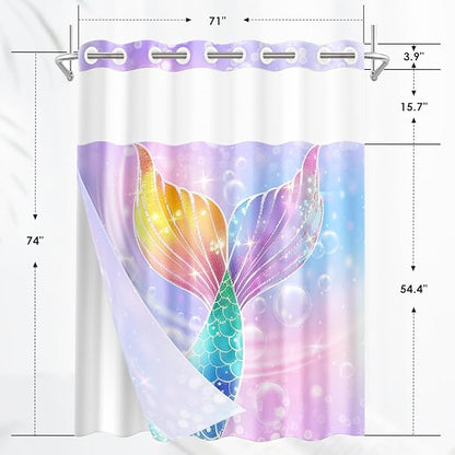 Mermaid Galaxy Summer No Hook Shower Curtain with Snap in Liner, Pink Purple Kids Girl Bath Curtain with Double Layers Waterproof Fabric and Mesh Top Window 71x74 Inch