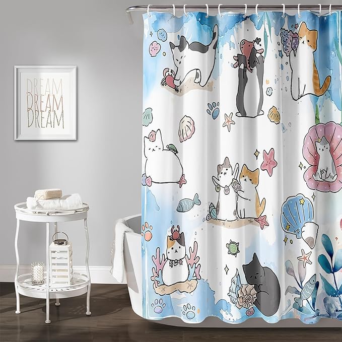 AILONEN Watercolor Cat Shower Curtain for Bathroom, Cute Cat Princess Shell Waterproof Bath Curtain,Cat Lover Minimalist White Curtain with 12 Plastic Hooks(72" W*72" H)