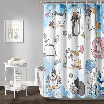 AILONEN Watercolor Cat Shower Curtain for Bathroom, Cute Cat Princess Shell Waterproof Bath Curtain,Cat Lover Minimalist White Curtain with 12 Plastic Hooks(72" W*72" H)