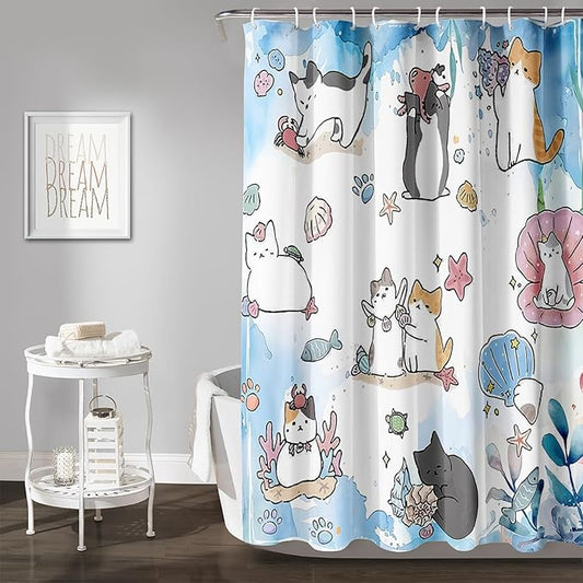 AILONEN Watercolor Cat Shower Curtain for Bathroom, Cute Cat Princess Shell Waterproof Bath Curtain,Cat Lover Minimalist White Curtain with 12 Plastic Hooks(72" W*72" H)