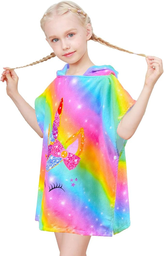 Kids Hooded Towels for Girls, Unicorn Hooded Beach Towel for Kids, Soft & Absorbent Cotton Kids Poncho Towels for 3-8 Years, 24"x24"(Rainbow Unicorn)