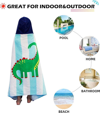 BANGSAUR Kids Hooded Beach Bath Towels, 100% Cotton 50"x30" Wrap Blanket, Toddlers Boys 3-12 Years Coverup Towel Striped Dinosaur