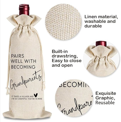 YAANUNULU Grandparents Gifts, Pregnancy Announcement Wine Bag, Pairs Well with Becoming Grandparents Wine Bag, Grandmother Grandfather Gifts, Party Decorations