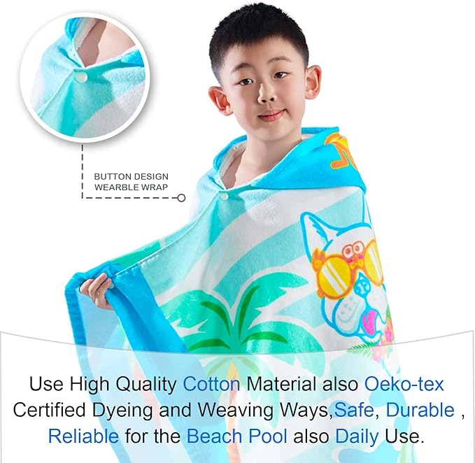 VOOVA & MOVAS Hooded Towels for Kids 3-10Years, Soft | Thick | 100% Cotton | Absorbent Towel Wrap, Perfect for Kids Beach, Pool, Bath, Swimming, Stripe Dog