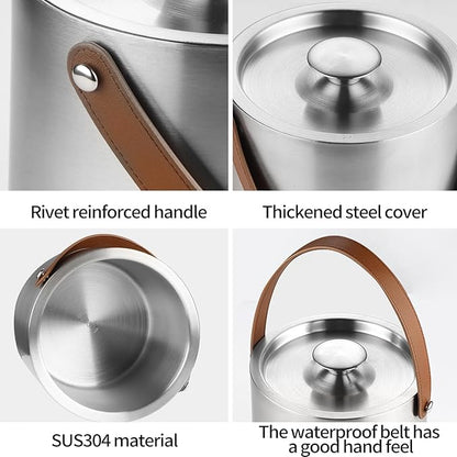 Stainless Steel Double-Wall Insulated Ice Bucket with Lid, Scoop, Tong, Strainer, Leather Handle Keep Ice Frozen Longer Large Wine Ice Buckets for Parties Cocktail Bar Chilling Champagne 2L