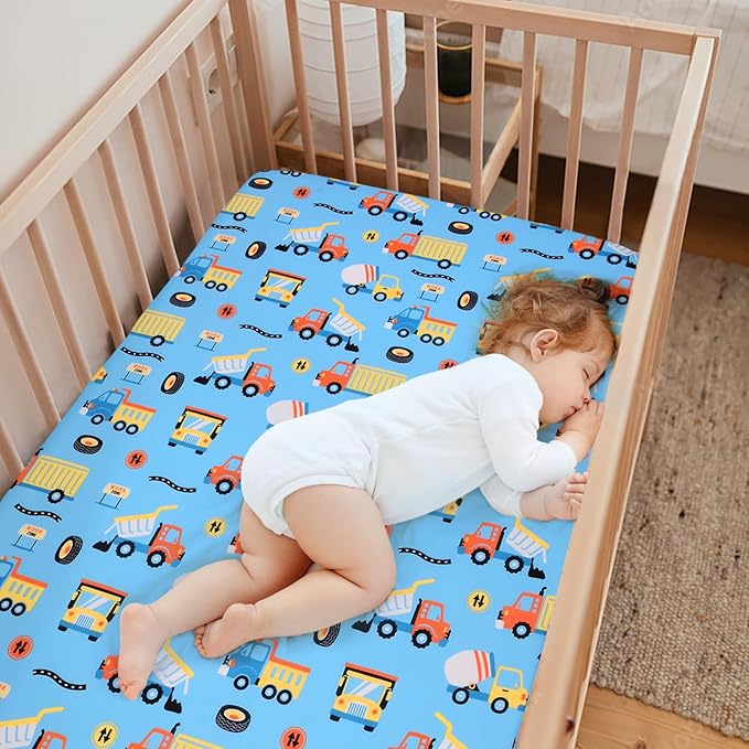 JISEN Baby Crib Sheets Soft Breathable Fitted Crib Sheets Baby Sheet for Standard Crib and Toddler Mattress Baby Bed Sheets for Crib for Baby Boys Girls Neutral 52x28 Inch Blue Trucks