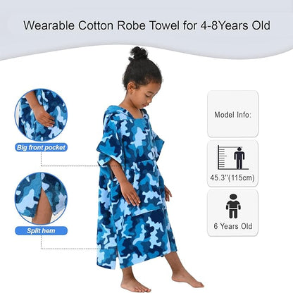 VOOVA & MOVAS Toddler Towels Robe, 4-8 Years, 100% Cotton Poncho Towel, Absorbent Thick Hooded Towel Dress for Boys | Girls,Surf Poncho for Pool | Beach | Bath | Swim, Blue Camo