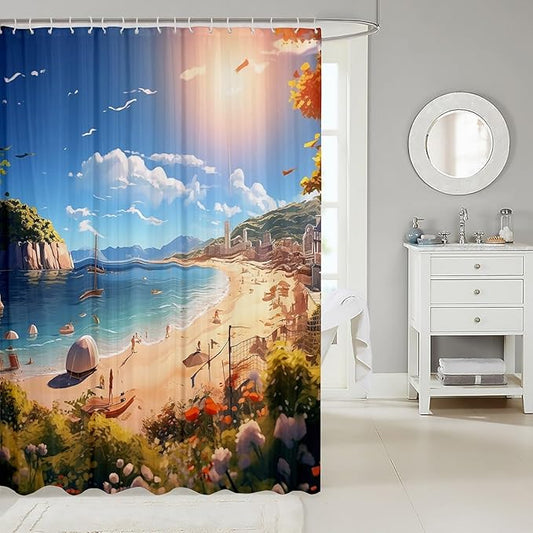 Feelyou Beach Shower Curtain Kids Beach Ocean Fabric Shower Curtain Nutrue Theme Bathroom Waterproof Accessories with 12 Hooks for Women Men Summer Holiday Curtains,72x84 Inches