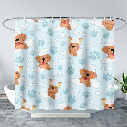 AILONEN Cute Dog Shower Curtain,Cute Bulldog Labrador Dog Print Shower Curtain, 72" W*78" H Waterproof Happy Shower Puppy Dog Lover Curtain with Grommets and 12 Hooks