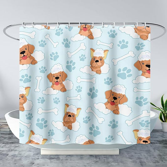 AILONEN Cute Dog Shower Curtain,Cute Bulldog Labrador Dog Print Shower Curtain, 60" W*72" H Waterproof Happy Shower Puppy Dog Lover Curtain with Grommets and 12 Hooks