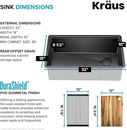 KRAUS Kore Workstation 32-inch Undermount 16 Gauge Stainless Steel Single Bowl Kitchen Sink in Gunmetal Black PVD Finish with Accessories, KWU110-32/PGM