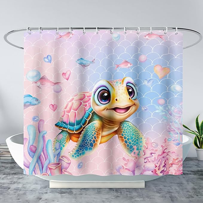 AILONEN Kawaii Sea Turtle Shower Curtain,Tie Die Turtle Bath Curtain Cloth Fabric Bathroom 72" W*78" H Inch,12 Pack Hooks for Kids Child,Watercolor Scale Bathroom Curtain