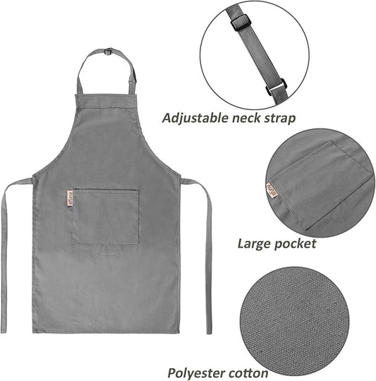 Kids Apron and Chef Hat Set-Adjustable Child Apron for Boys and Girls for Cooking Baking Dark Grey