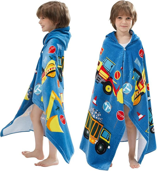 BANGSAUR Excavator Beach Towel, 100% Cotton 50"x30" Hooded Bath Wrap Towel, Toddlers Baby Boys 3-10 Years Coverup Truck