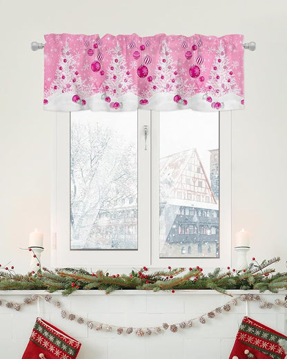Pink Christmas Valance Curtains for Kitchen Windows White Xmas Tree Snowflakes Pink Balls Rod Pocket Window Treatment Toppers for Kitchen/Living Room/Bedroom/Bathroom, 42" X 12", Winter