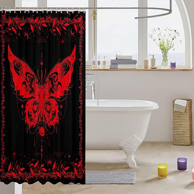 Feelyou Boho Red Butterfly Fabric Shower Curtain Bohemian Moth Shower Curtain for Kids Boys Girls Moon Galaxy Bathroom Waterproof Accessories with 12 Hooks Black and Red Curtains,72X84 Inches