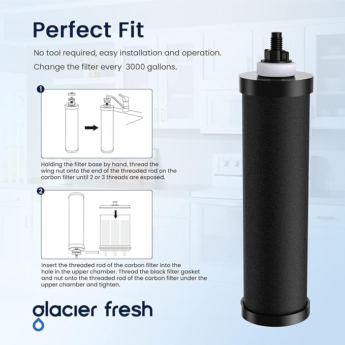 GLACIER FRESH Replacement for BB9-2 Black Purification Water Filter, Compatible with Berkey® BB9-2 Black Filters and Berkey® Gravity Water Filter System, 6 Pack