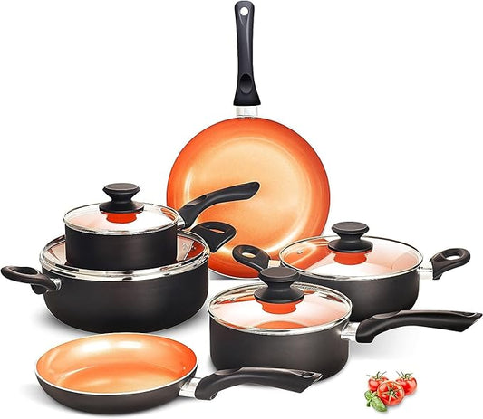 FRUITEAM 10-Piece Black Aluminum Cookware Set with Lids, Includes Soup Pot, Milk Pot and Frying Pans, Induction Gas and Electric Stovetop Compatible