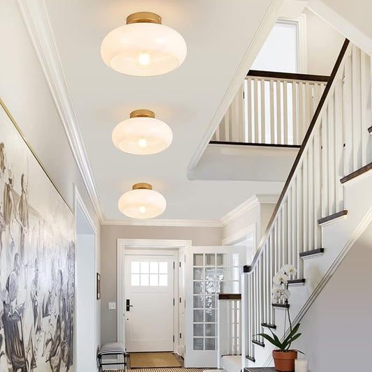 Mid-Century Modern Gold Semi Flush Mount Ceiling Light, Kitchen Ceiling Light Fixture with Glass Shade, Vintage White Close to Ceiling Lamp for Entryway Hallway Bathroom (11.0 Inch)