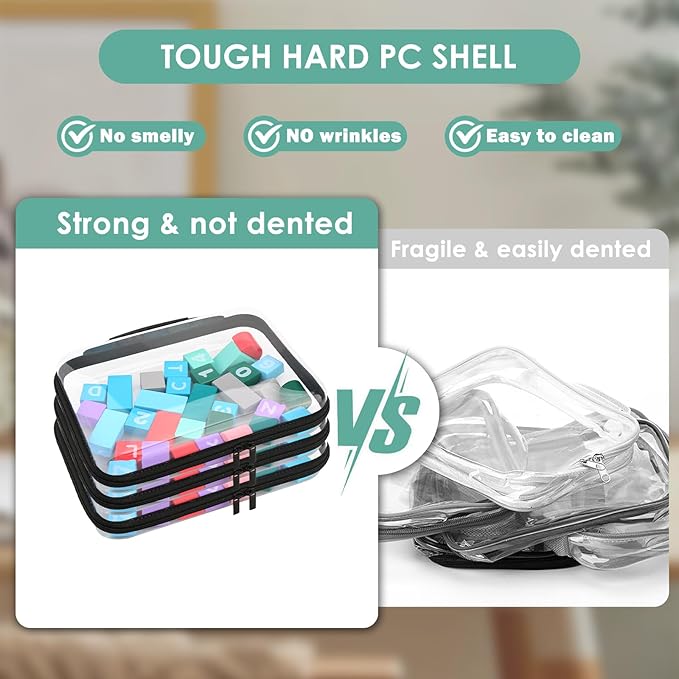 Clear Hard Zipper Pouch, Bliss Zippered Storage Bins, Waterproof PVC Shell Travelling Bags, Storage for Board Games, Building Blocks, Puzzles, Kids Books with Handle, Plastic Organizing, 4Pc